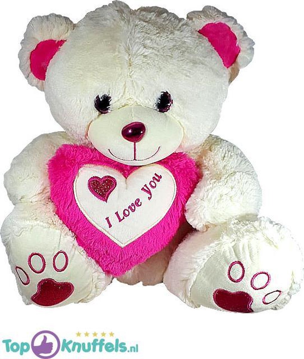 Witte Teddybeer met wit en donker roze hart I Love You 40 cm | knuffelbeer pluche knuffel love beer | Ik Hou Van Jou / I Love You bear | Beertje met hart liefde